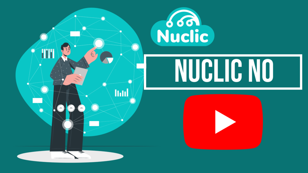 Desenho de uma pessoa apontando para a composição dos elementos: frase "Nuclic no" acompanhado de uma imagem do Youtube abaixo dessa frase.